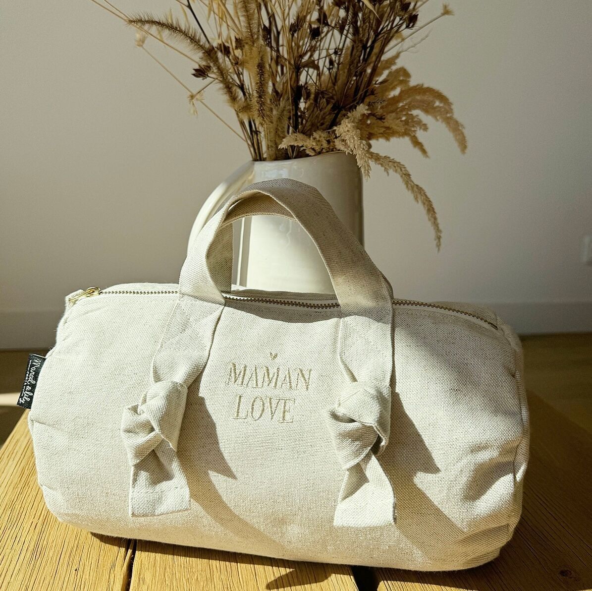 Mini Sac Polochon XXS - Coton - Brodé Maman Love - Sable
