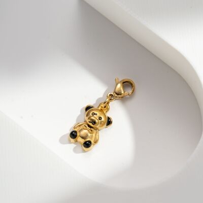 Charm de osito de peluche de acero bañado en oro, dulce, elegante y divertido.