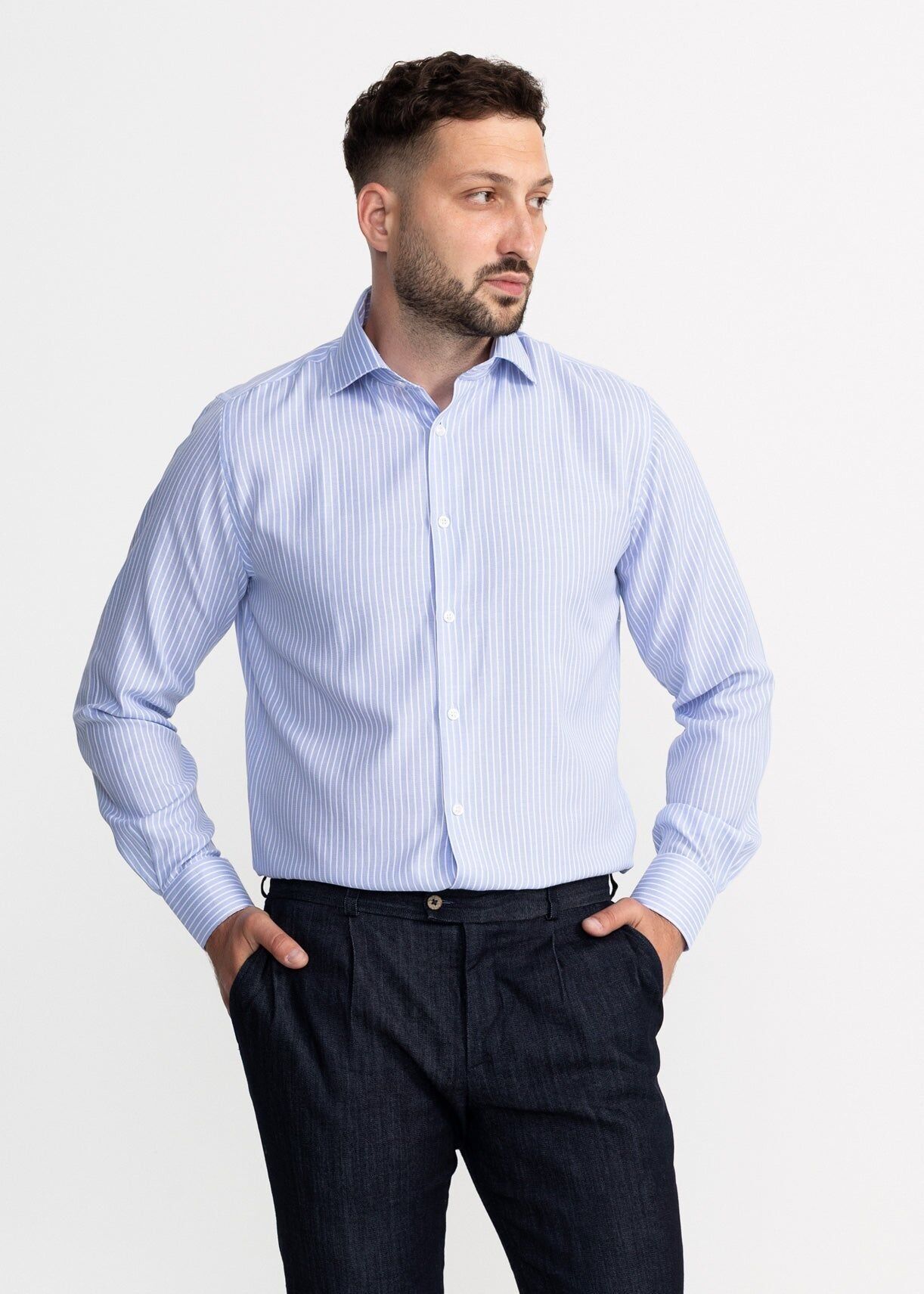 La camicia in cotone egiziano Peles - Azzurro chiaro con strisce bianche