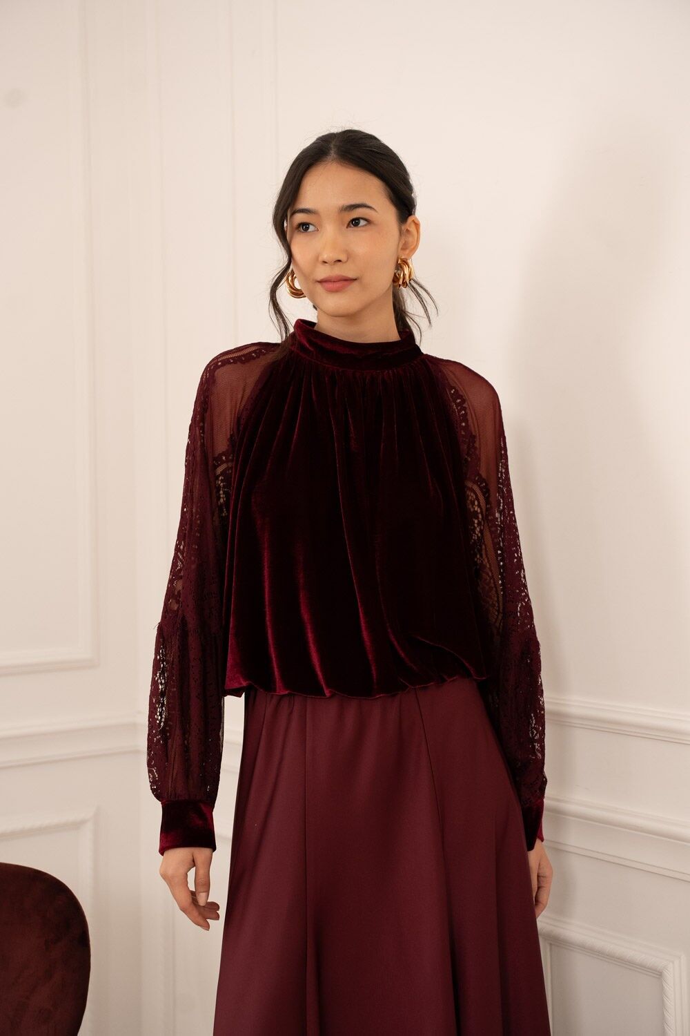 Blouse bimatière en velours manches en dentelle - 80815