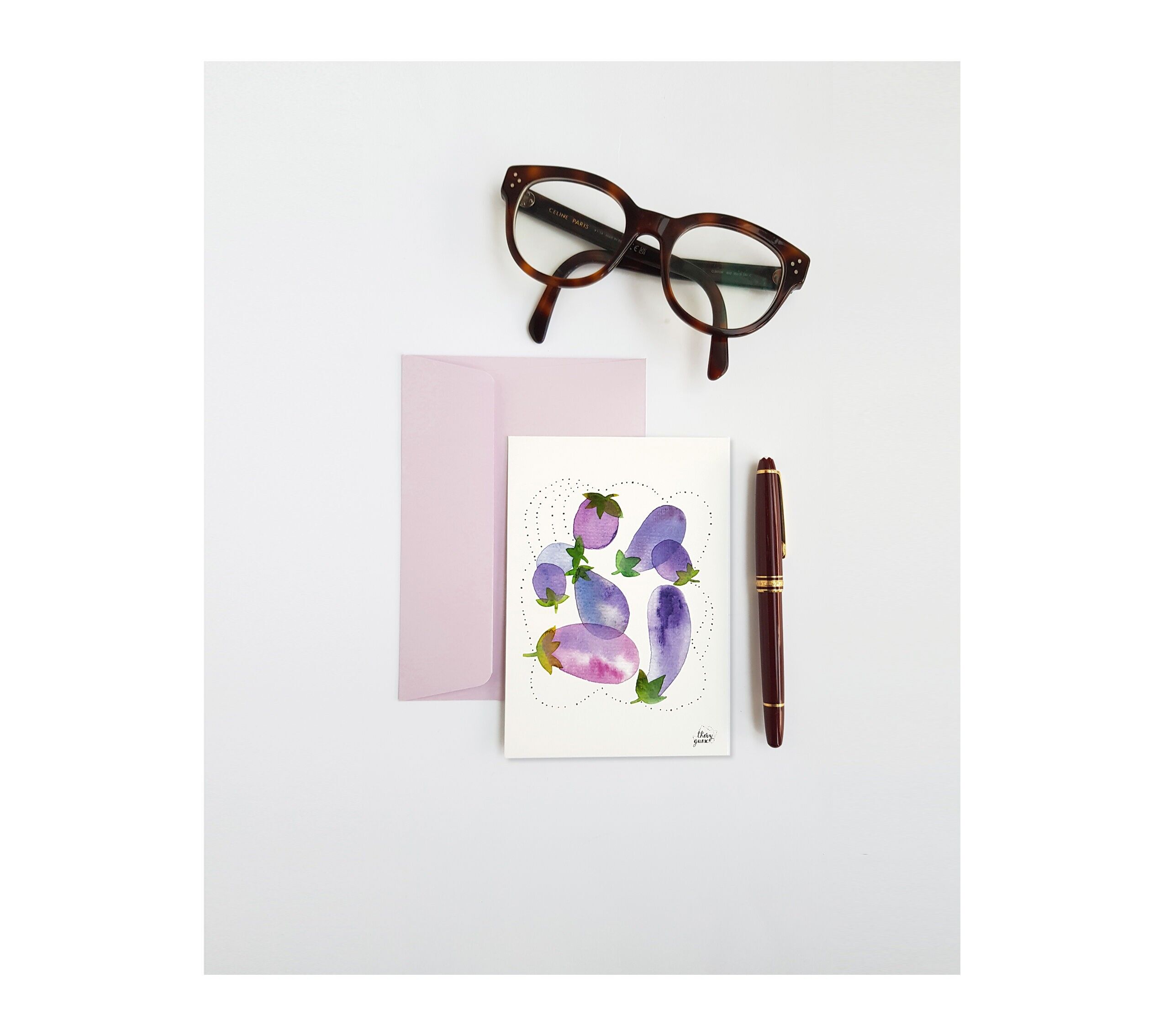 Aquarell-Auberginen-illustrierte Postkarte