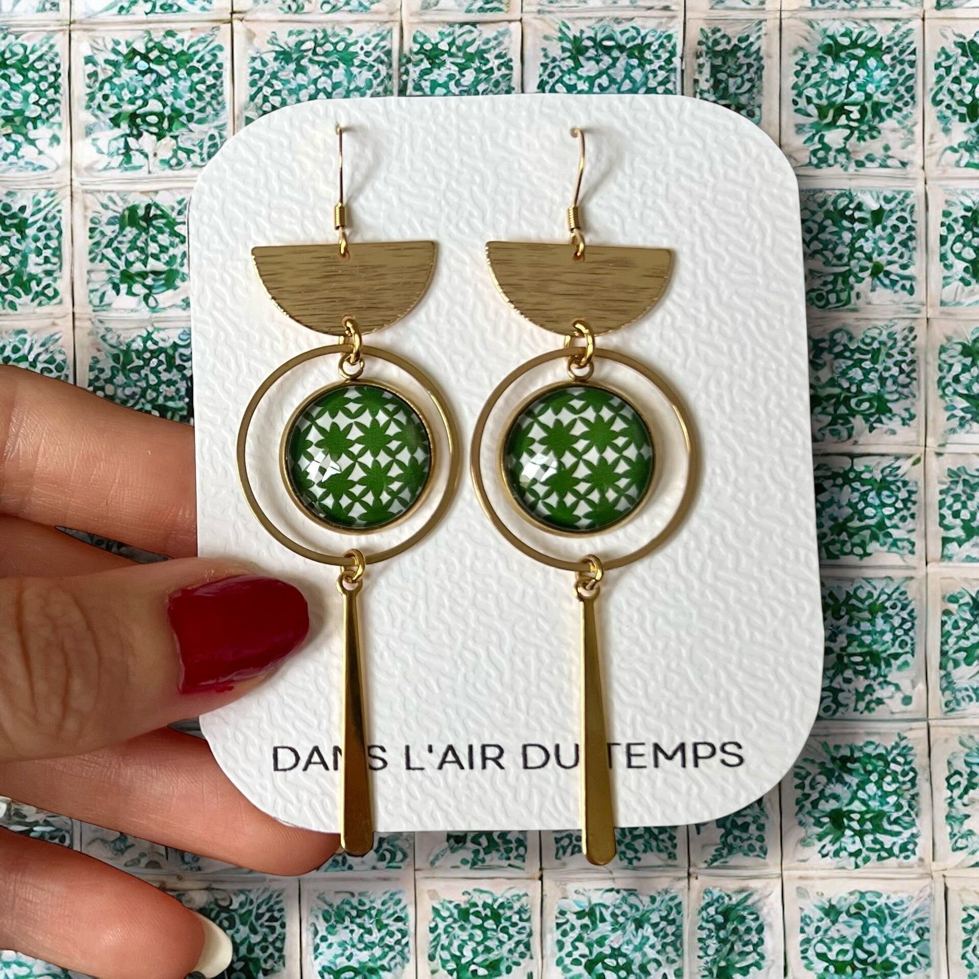 Green and white geometric pattern earrings with gold or silver finish