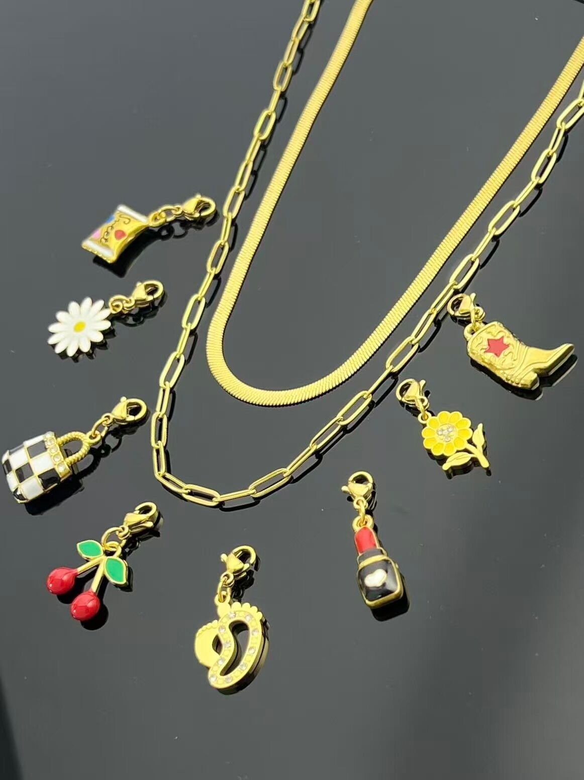 Doppelt gewickelte Halskette aus vergoldetem Stahl, rechteckiges flaches Glied