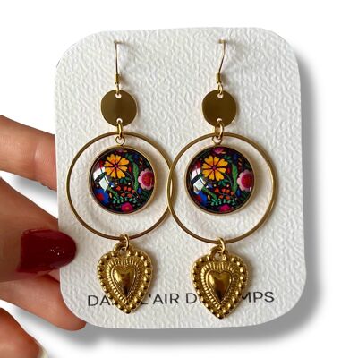 BOUCLES D'OREILLES motif floral multicolore coeur mexicain