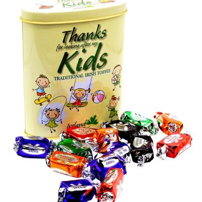 Tin of "thanks for minding my kids" toffees