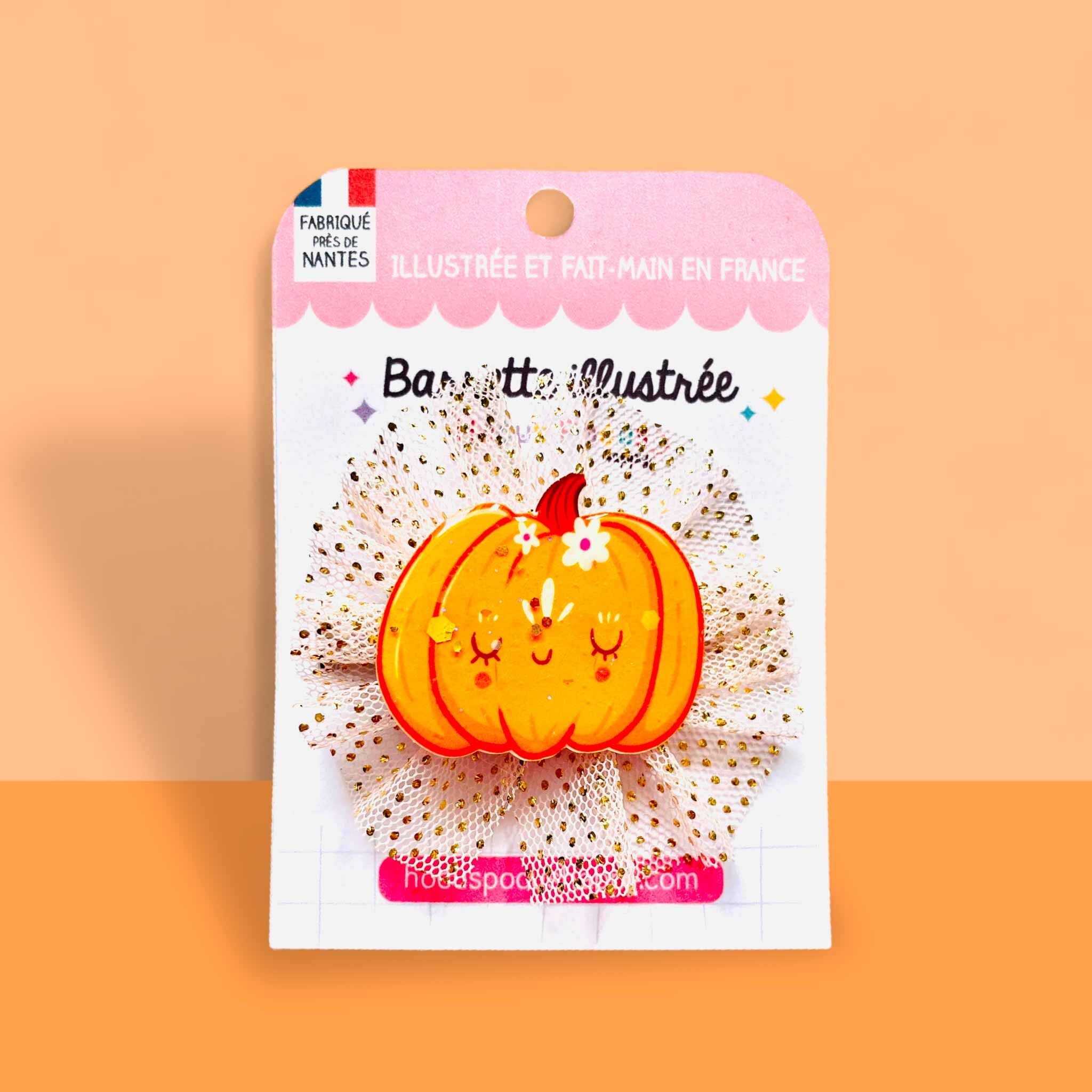 Kinder-Haarspange - Illustrierter Herbstkürbis - Handgefertigt in Frankreich