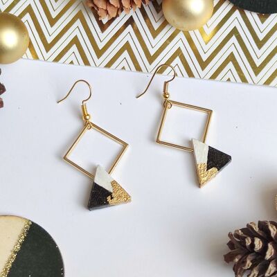 Golden diamond and ebony triangle earrings painted in white, gold leaf