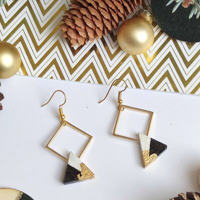 Golden diamond and ebony triangle earrings painted in white, gold leaf