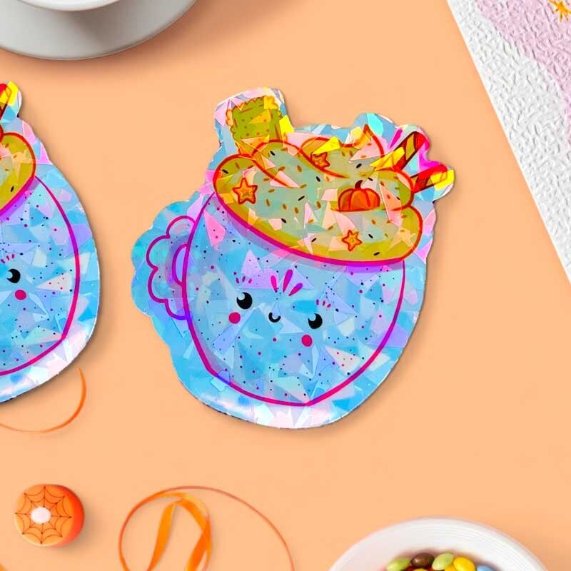 Aufkleber mit holografischem Crackle-Effekt – Herbst-Gourmet-Tasse – Illustriert und hergestellt in Frankreich