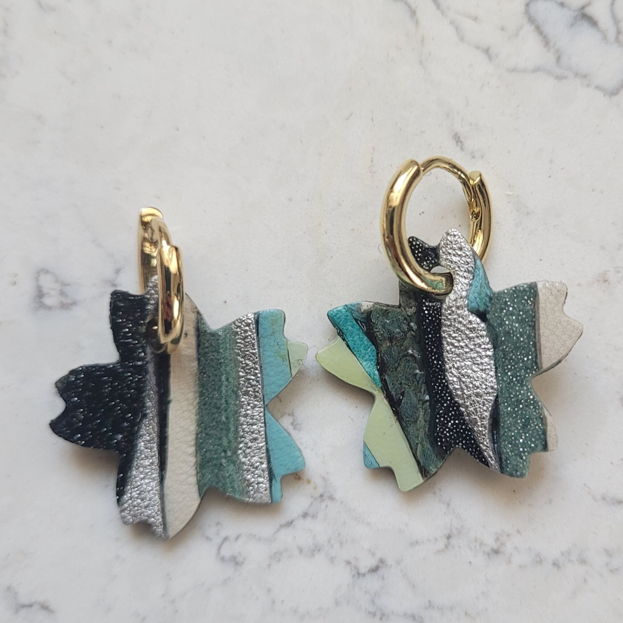 Gold-plated hoop earrings with green and turquoise cherry blossom tassel