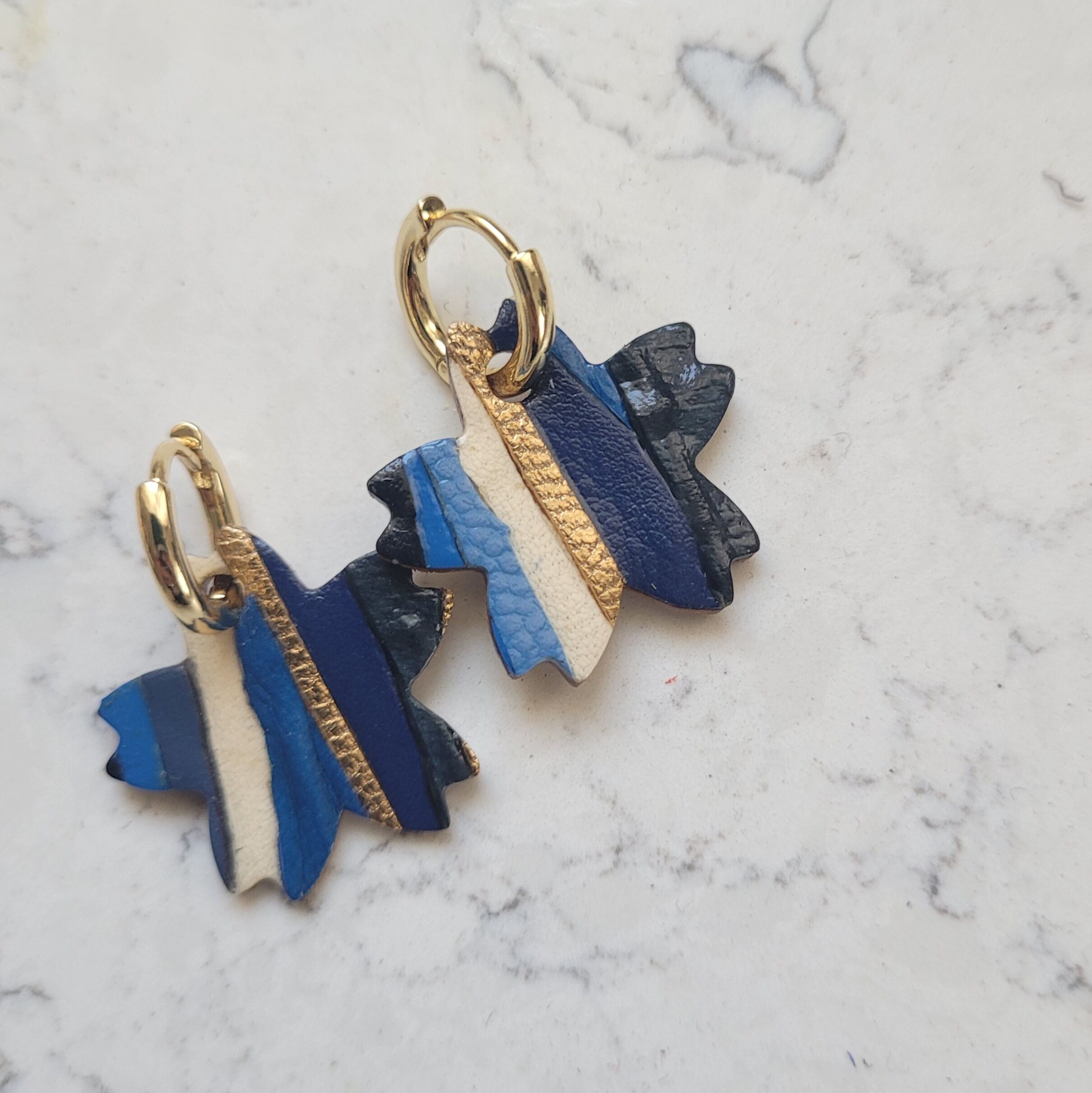 Gold-plated hoop earrings with blue cherry blossom tassel