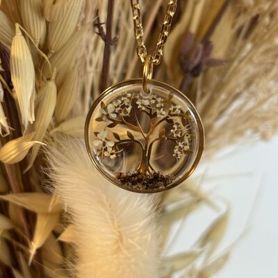 Collier résine Arbre de vie et fleurs naturelles – Bijou artisanal en acier inoxydable doré ou argenté