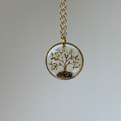 Tree of Life resin necklace and natural earth flowers – Handcrafted jewelry in gold or silver stainless steel