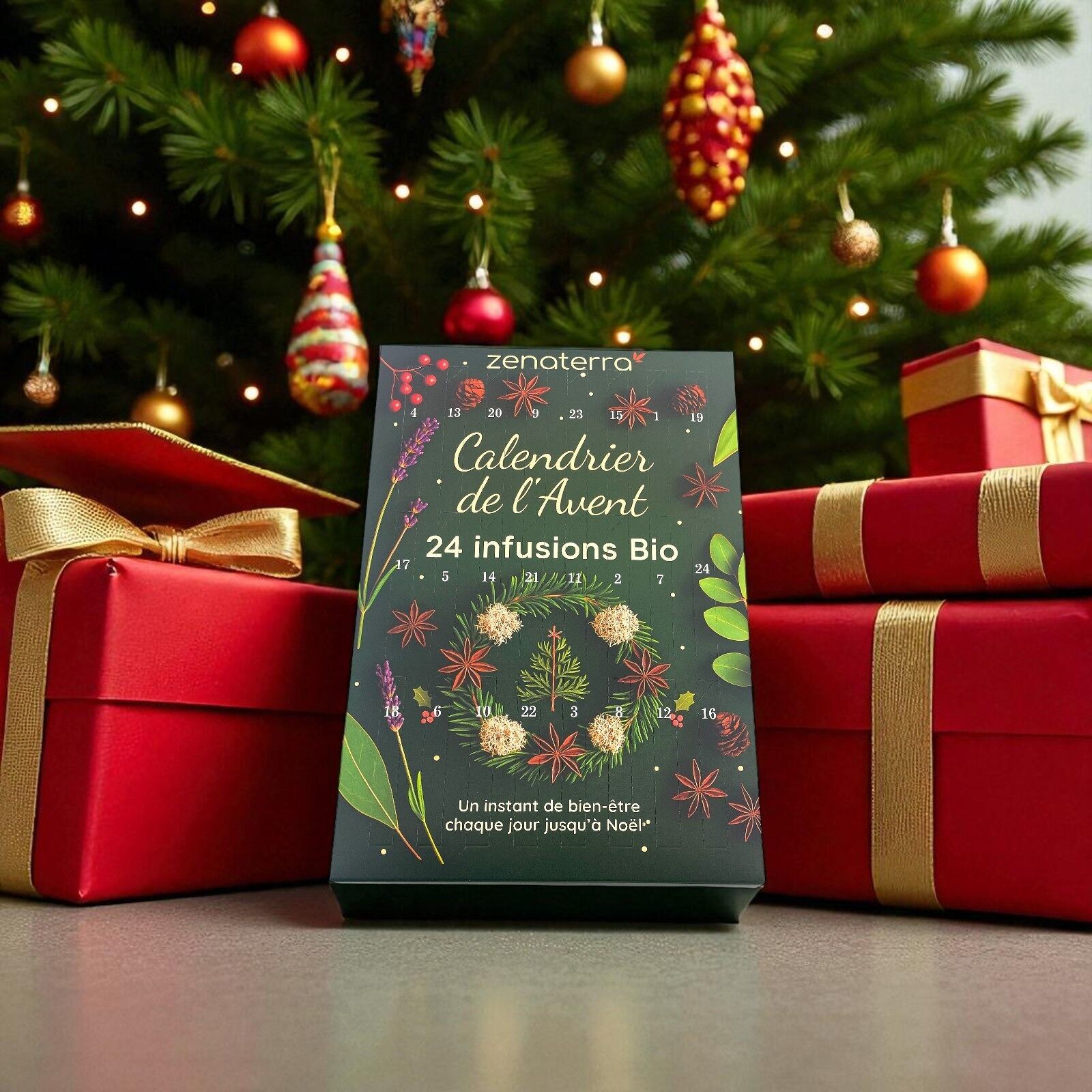 Calendario dell'Avvento 24 Tisane Biologiche - Infusi di Piante, Frutta e Spezie 100% Naturali - Confezione Regalo Gourmet e Benessere Senza Caffeina - Aromi e Benefici Naturali