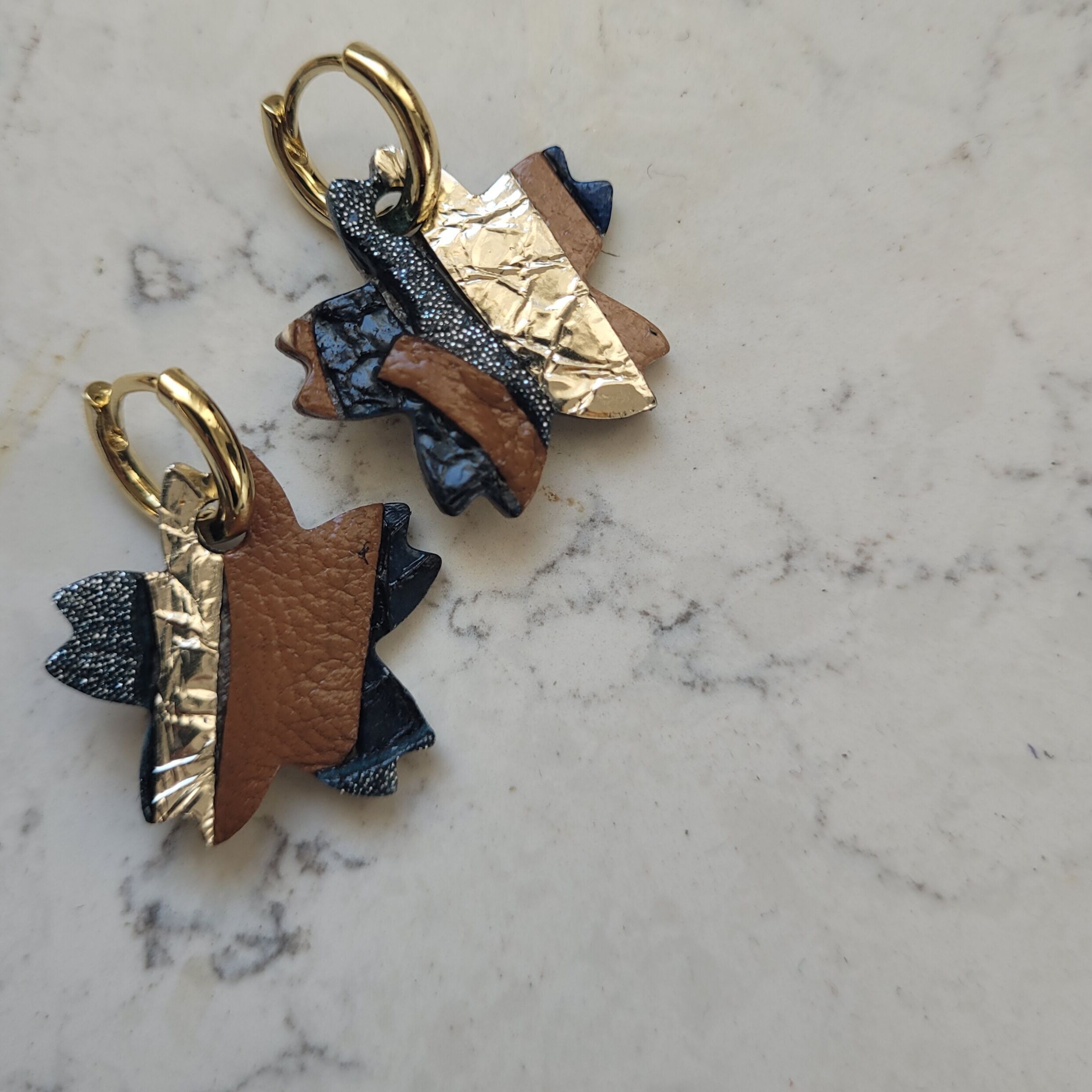 Gold-plated hoop earrings with camel and blue cherry blossom tassel