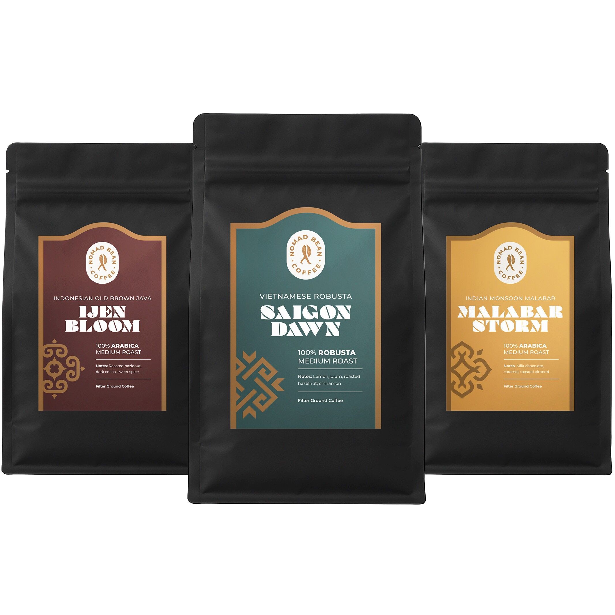 Trio d'origines asiatiques – Lot de 3 cafés moulus de 200 g
