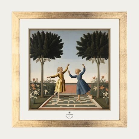 Niñas en el jardín - Pack de marco dorado de 20 x 20 cm + ilustración