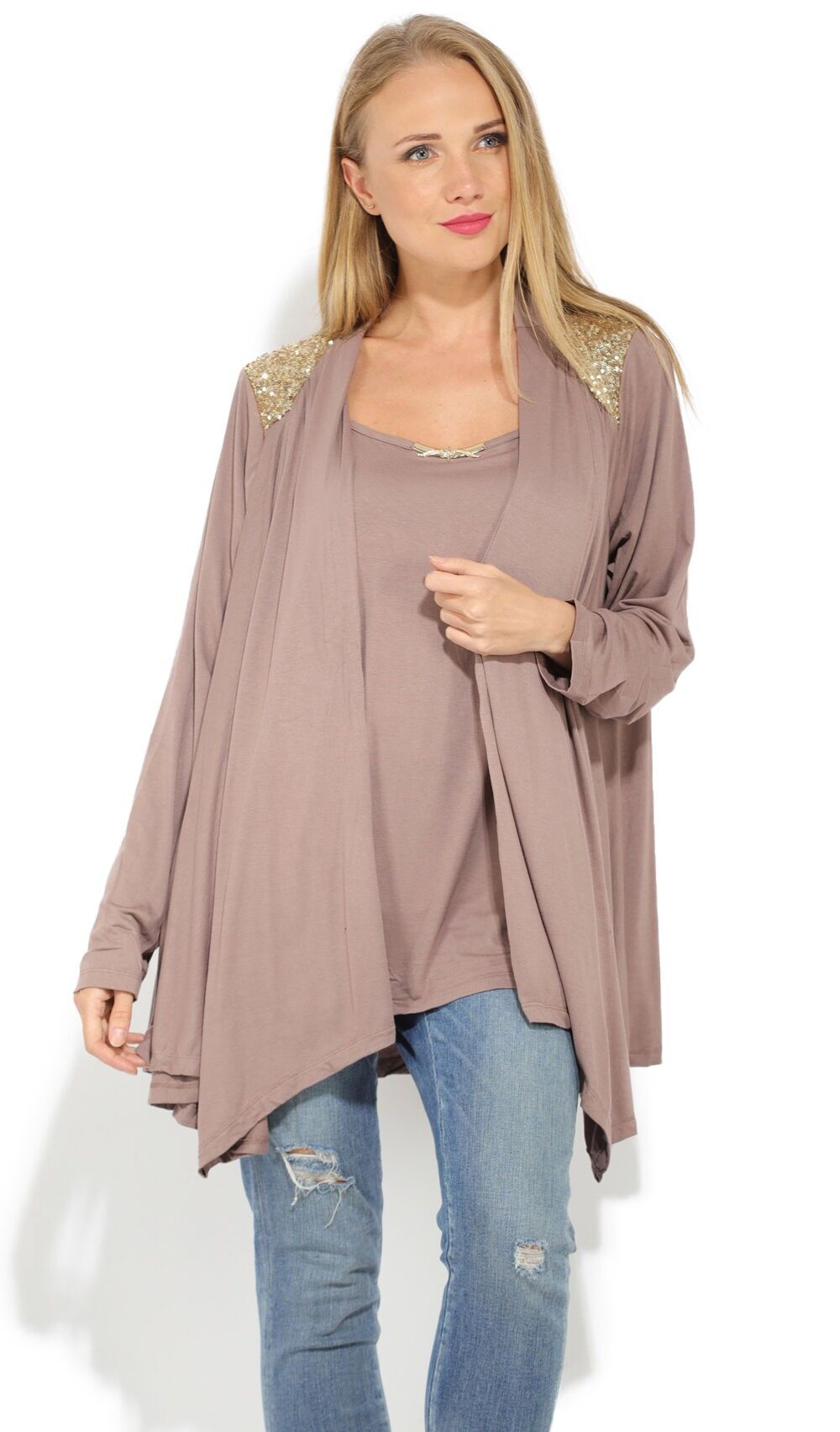 Schokoladenbraunes Set aus Strassweste und Oberteil in Übergröße (A327)