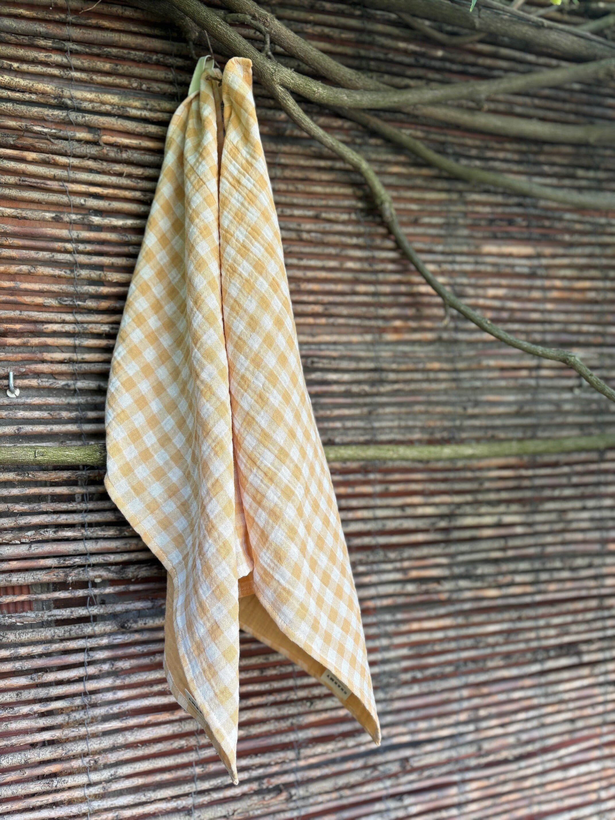 2 Tea Towels 35x50 - wheat yellow gingham - cotton gauze - made in France