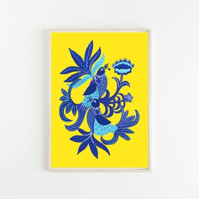 Pair of Blue Birds Giclee Print - Yellow