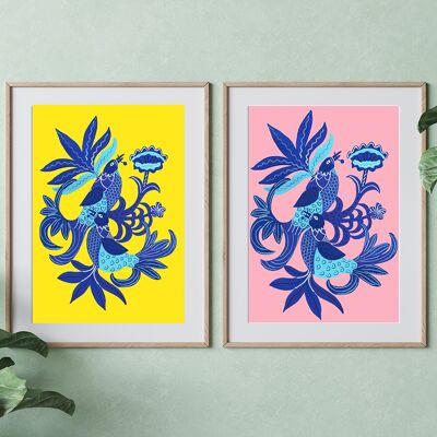 Pair of Blue Birds Giclee Print - Pink