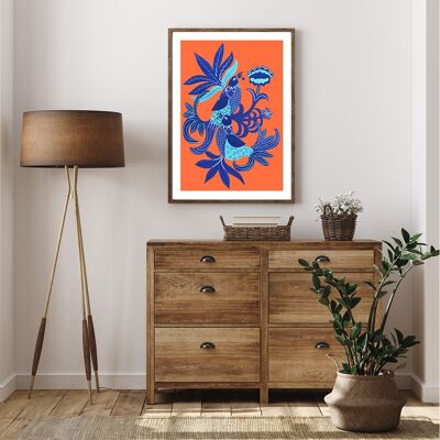 Pair of Blue Birds Giclee Print - Orange