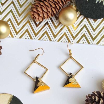 Golden diamond and ebony triangle earrings painted in yellow, gold leaf
