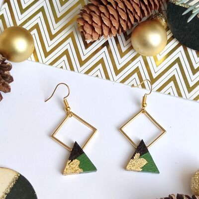 Goldene Dreieck-Ohrringe mit Diamanten und Ebenholz in Khakigrün bemalt, Blattgold