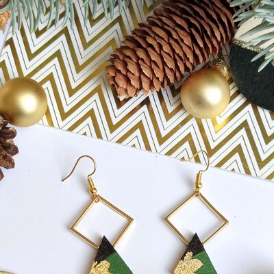 Golden diamond and ebony triangle earrings painted in khaki green, gold leaf