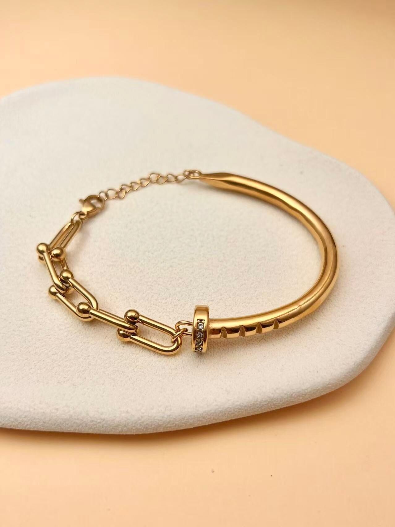 Bracelet doré mixte chaine jonc gravé en acier inoxydable