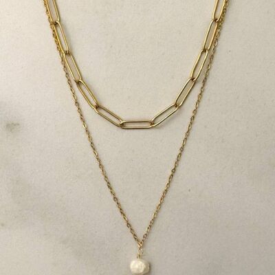 Double Layered Chain Necklace w Freshwater Pearl
