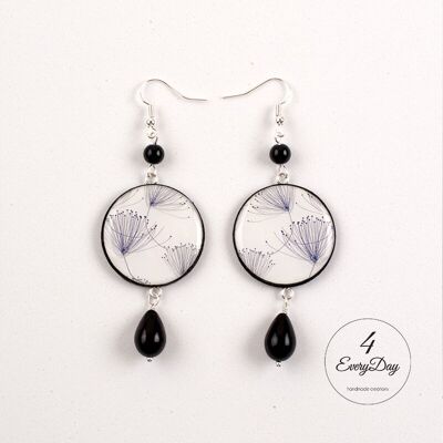Wood and Resin Earrings - Black and White Dandelions