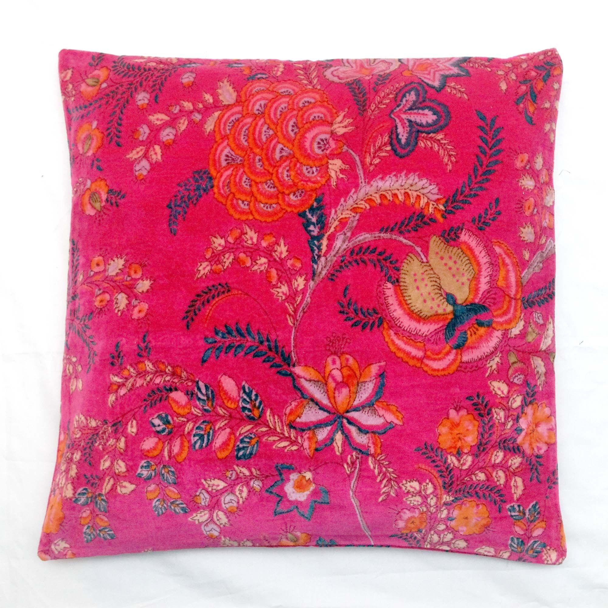 Fodera per cuscino in velluto con stampa floreale tropicale - Rosa shocking