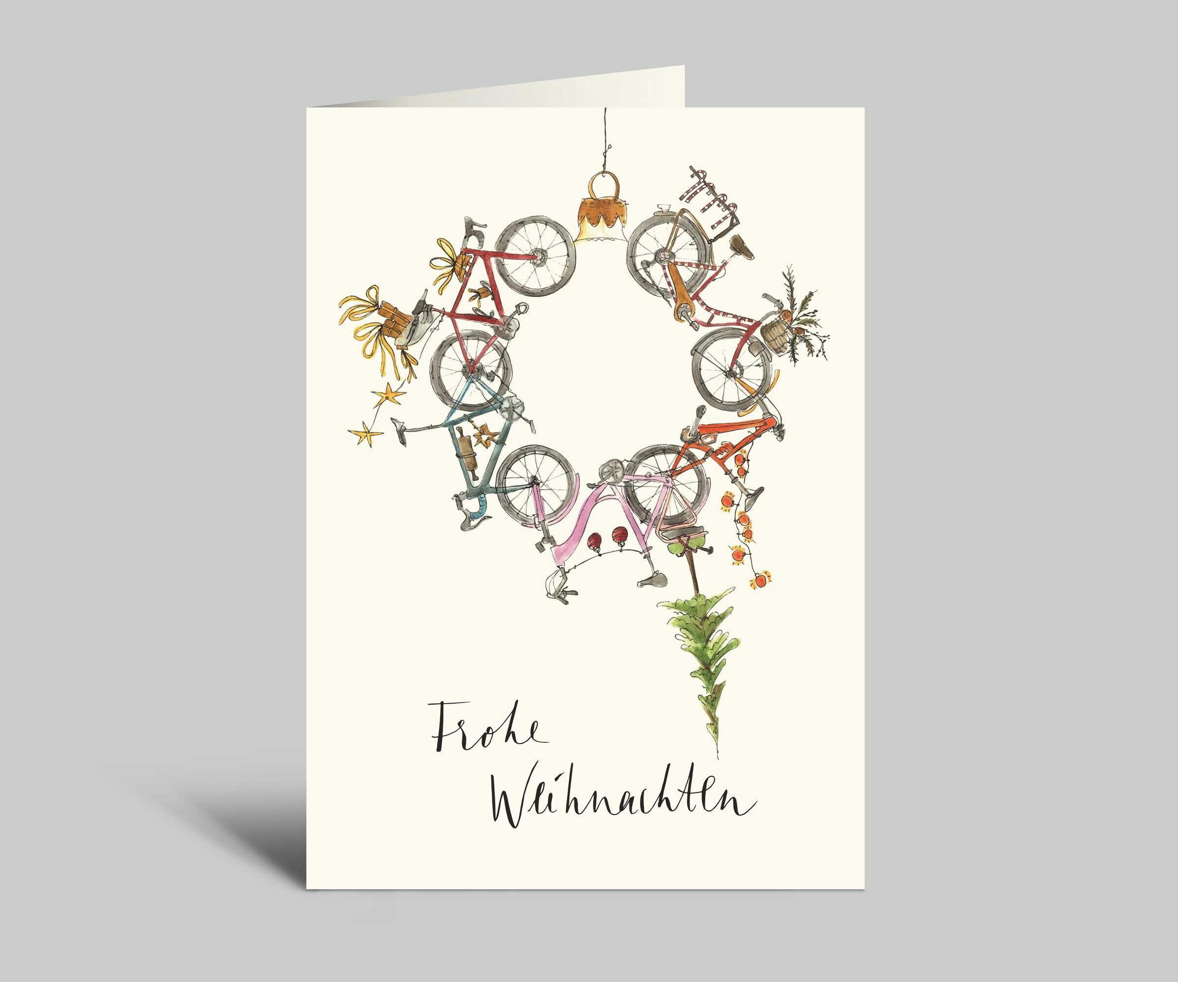 Christmas card for racing cyclists | Wreath made of bicycles and Christmas decorations | Merry Christmas | Folding card incl. envelope