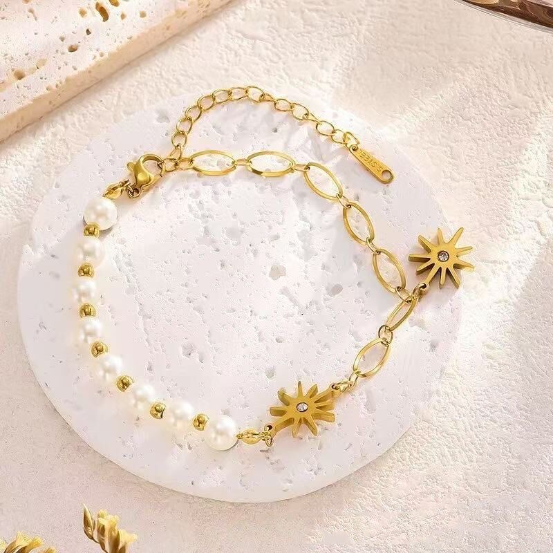 Pearl & Link Chain Bracelet with Rhinestone Star