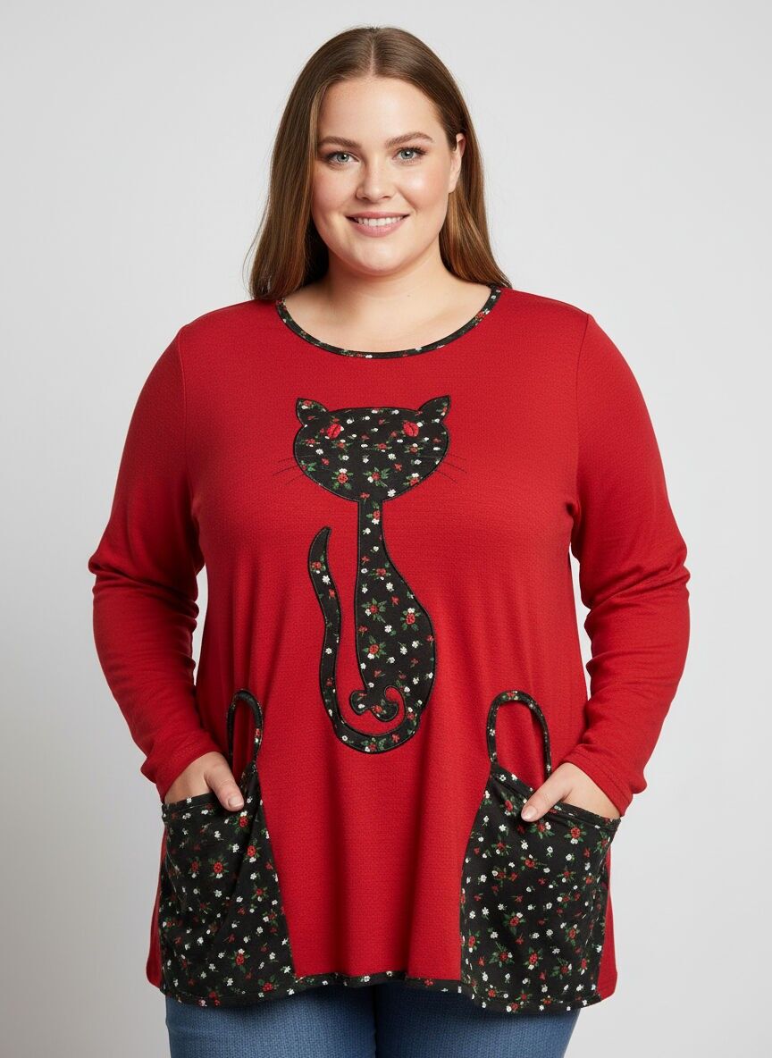 Roter Pullover mit Katzenmuster in Übergröße (A631)