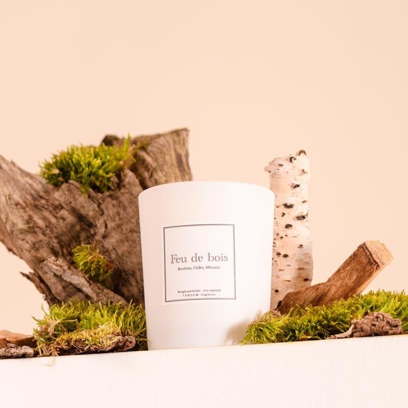 Wood Fire Scented Candle - 100% vegetable wax - Grasse fragrance - White glass 180g/40h burning time