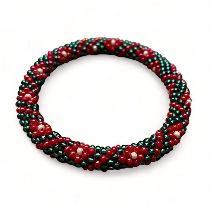 sustainable kids beaded bracelet roll - green and red glass beads - hand crocheted in Nepal