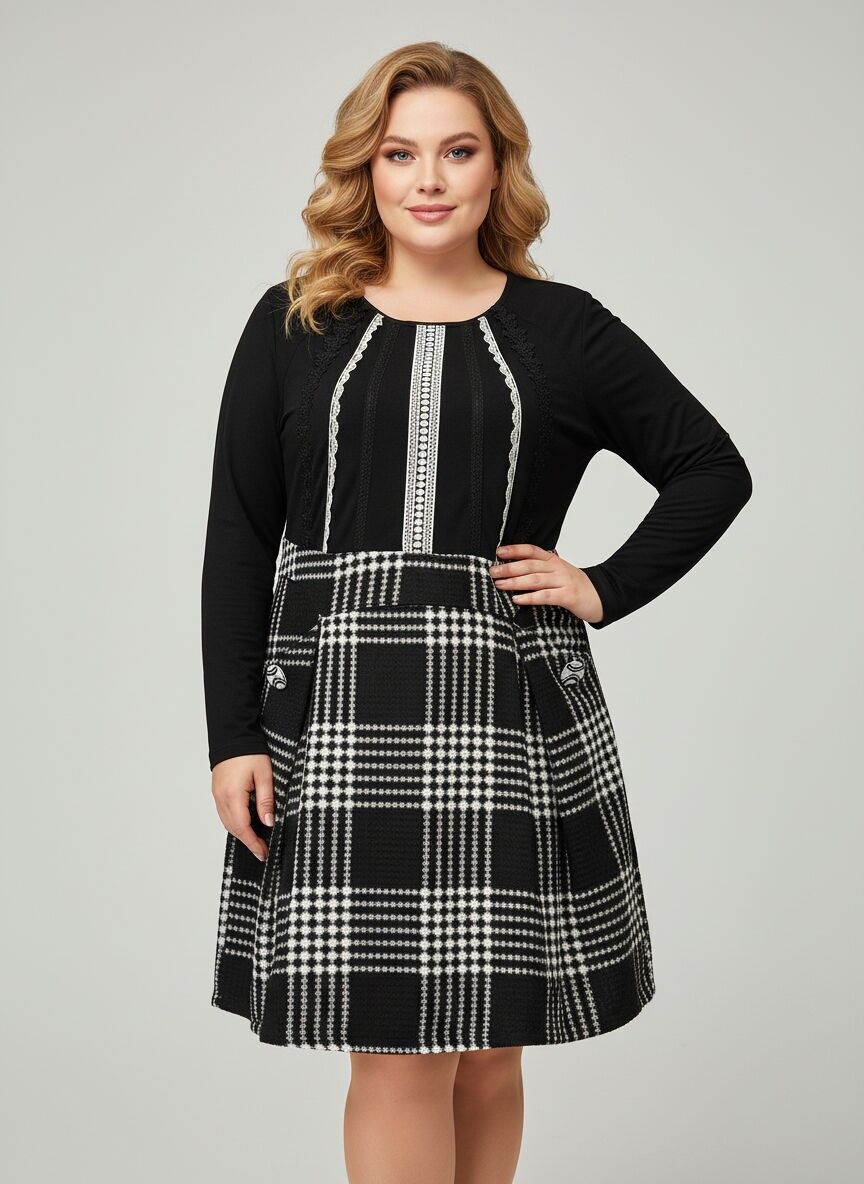 Weißes kariertes Kleid in Übergröße (A725)