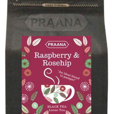 PRAANA TEA - Ceylon Black Tea with Real Rosehip and Raspberry Pieces, 100 g