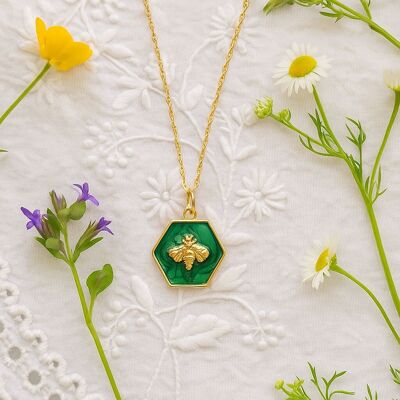 Hexagonal necklace with a golden bee