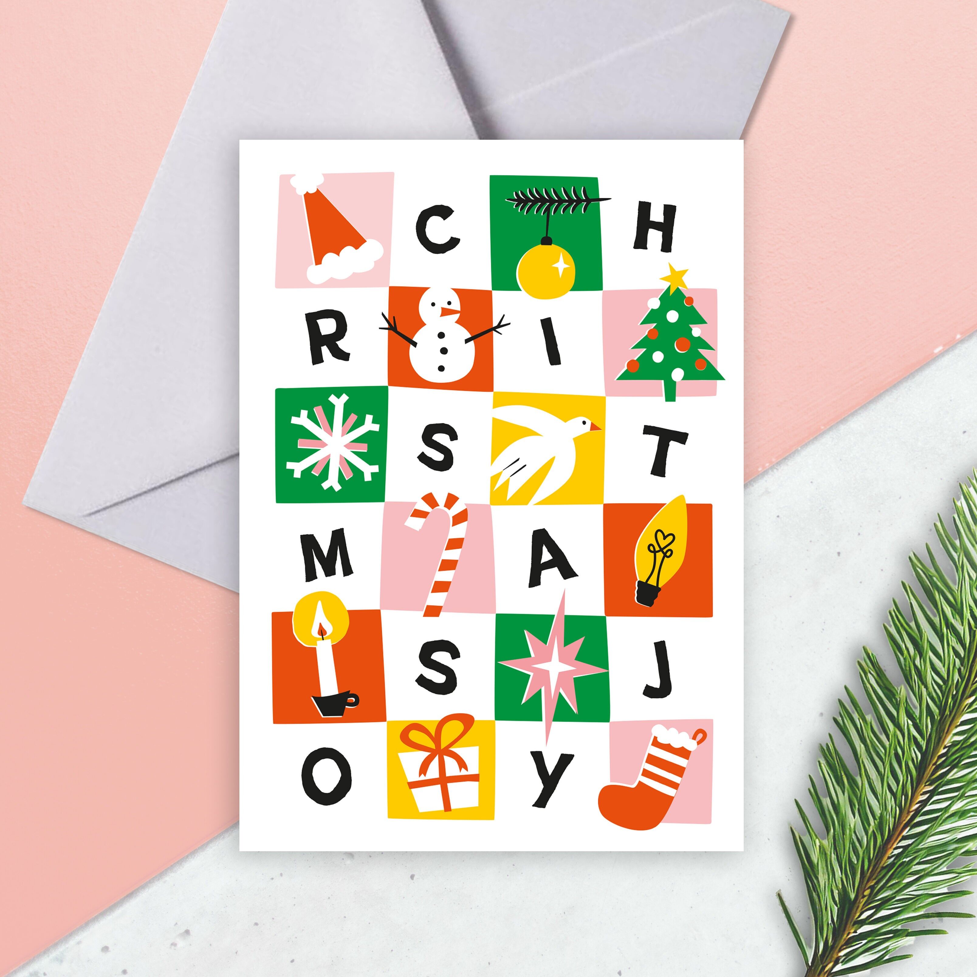 Moderne Schachbrett-Weihnachtsfreude-Karte: A6-Weihnachtsgruß