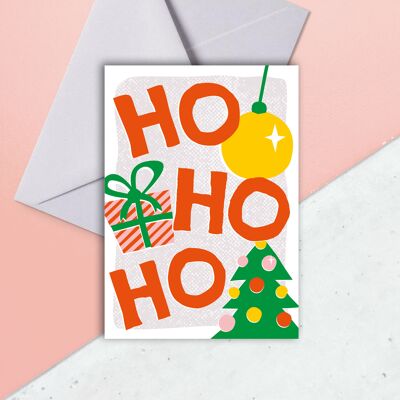 Christmas Card with modern and bold design, featuring a present, a bauble and tree. Ho Ho Ho!