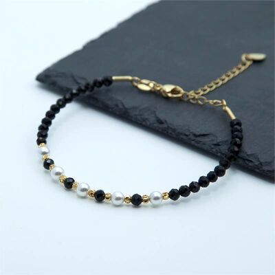 Pulsera de Turmalina Negra con Cuentas Facetadas de 3 y 4 mm y Cobre Chapado en Oro