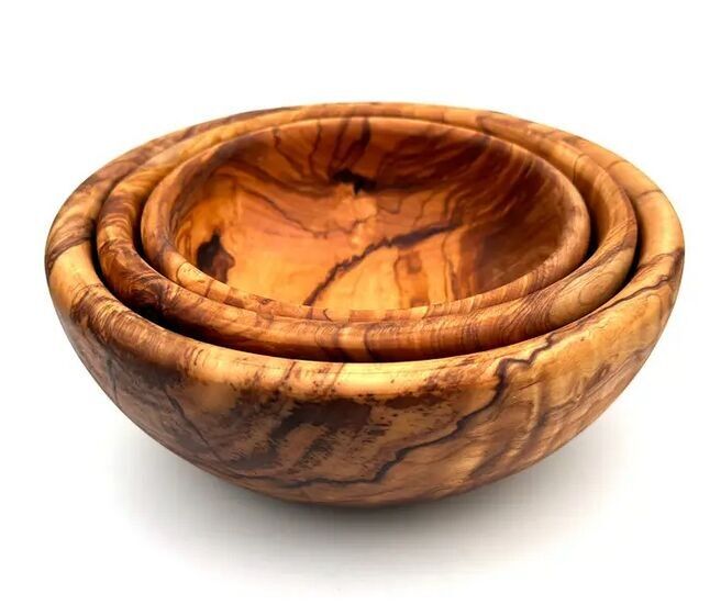 Juego de 3 cuencos redondos grandes de madera de olivo