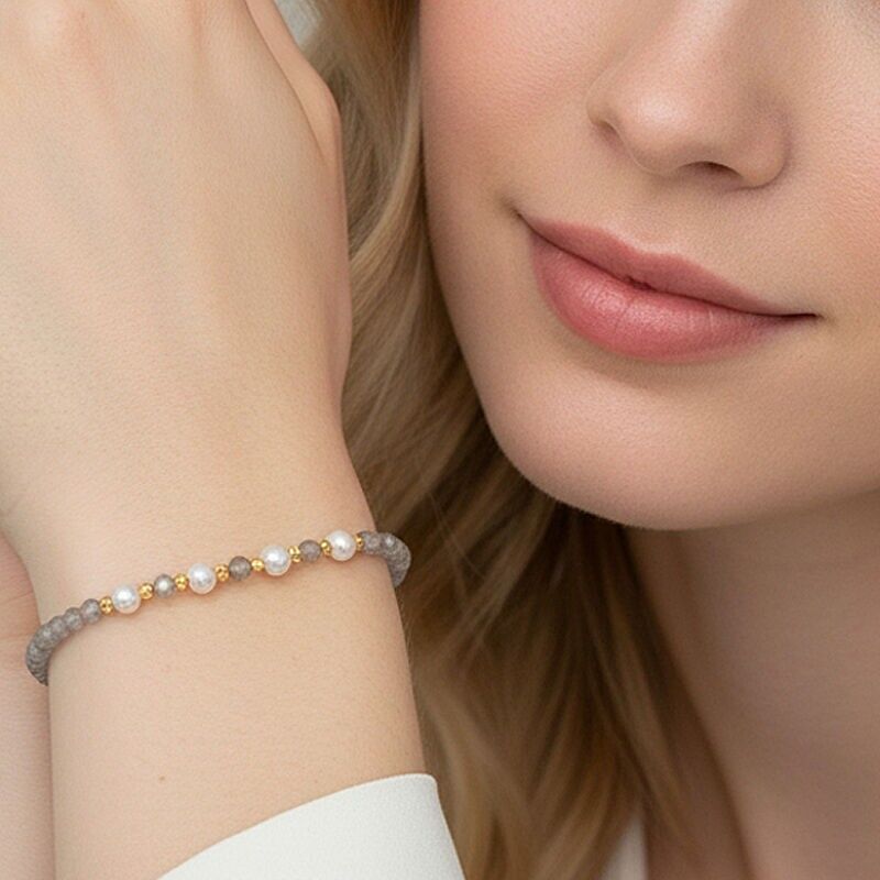 Bracciale in labradorite grigia con perle sfaccettate da 3 a 4 mm e rame placcato oro