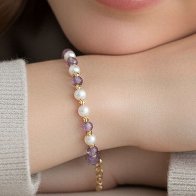 Bracciale in ametista con perle sfaccettate da 3 e 4 mm e rame placcato oro