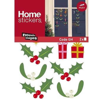 Sticker fenêtre décoration de Noël - Motif Branches de Houx et Gui - 2 planches 36x24cm 2