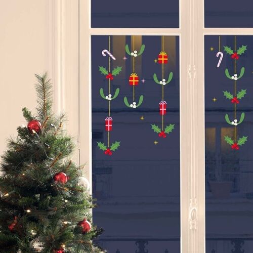 Sticker fenêtre décoration de Noël - Motif Branches de Houx et Gui - 2 planches 36x24cm