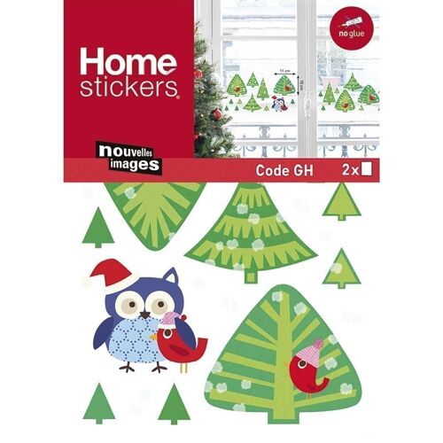 Sticker fenêtre décoration de Noël - Sapins et chouettes - 2 planches 36x24cm